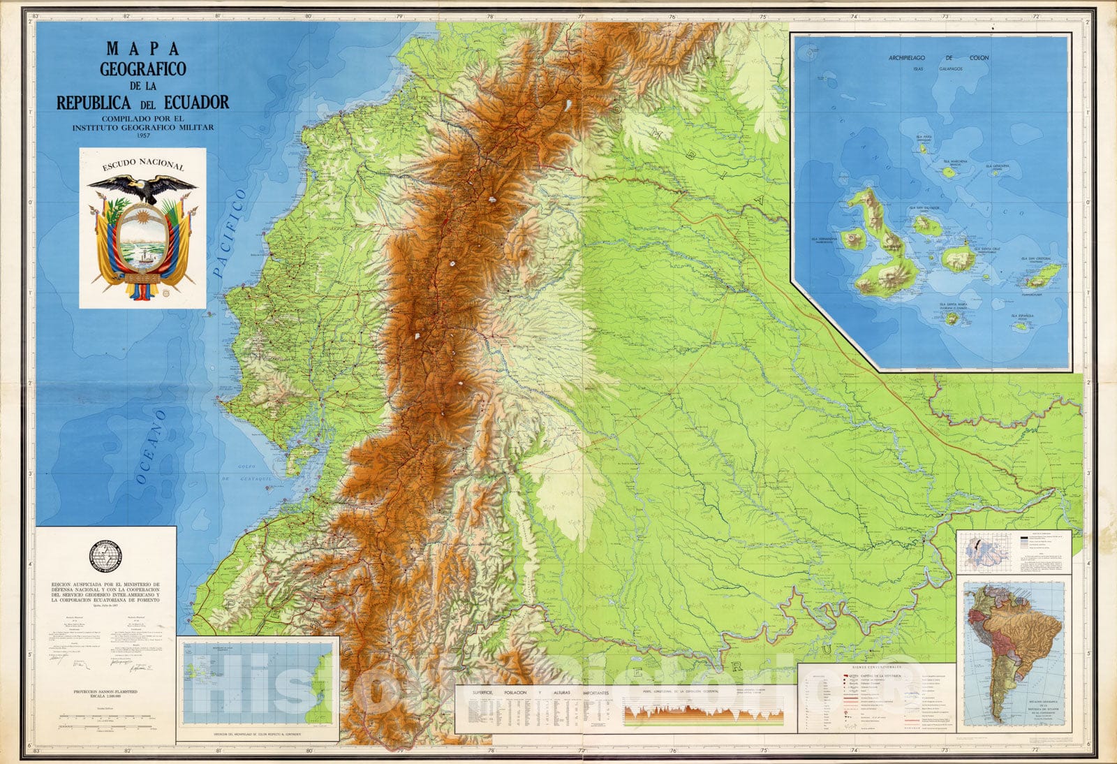 Historic Map - Wall Map, Ecuador - Physical 1957 - Vintage Wall Art