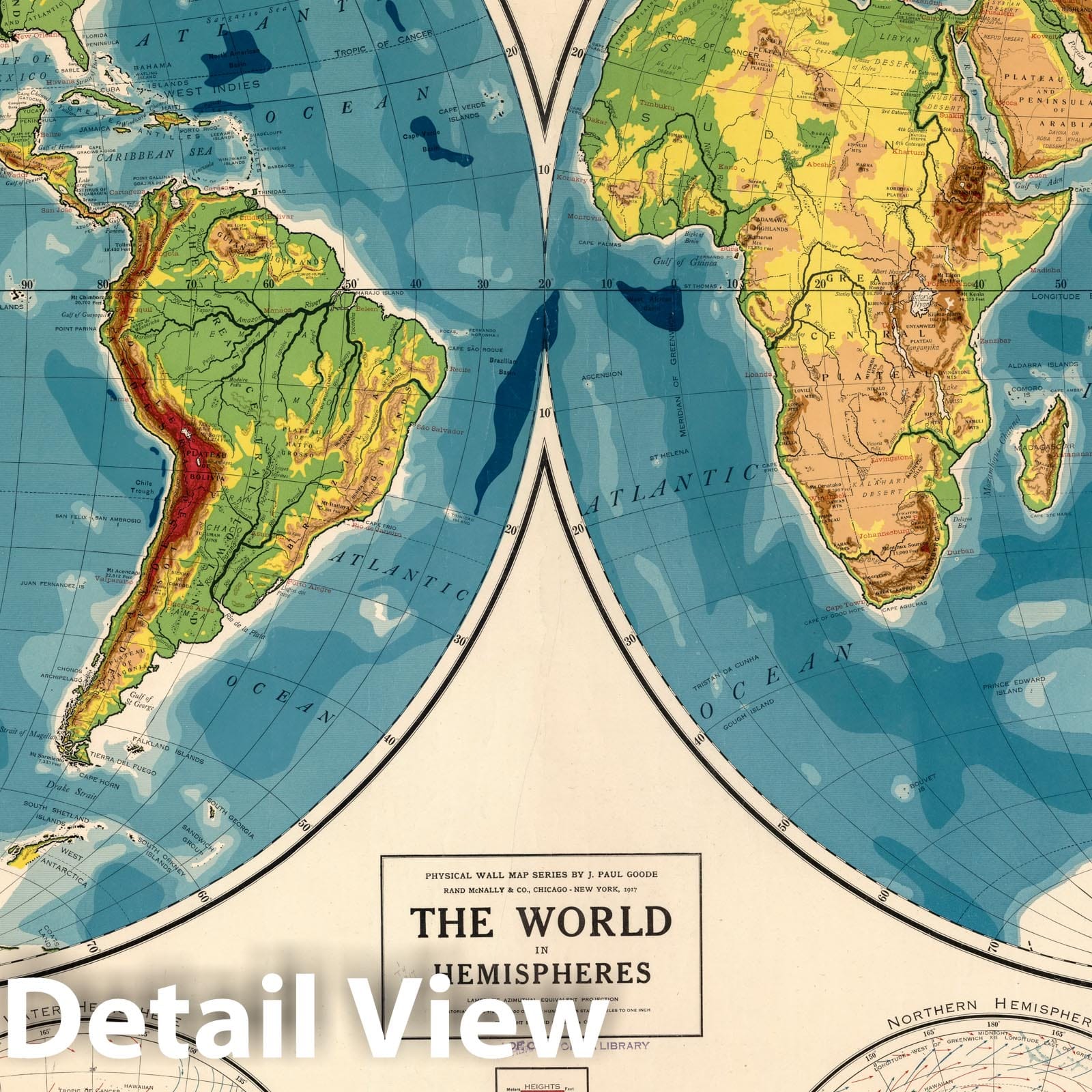World in Hemispheres - Physical Map, 1917 - Historical Map Print