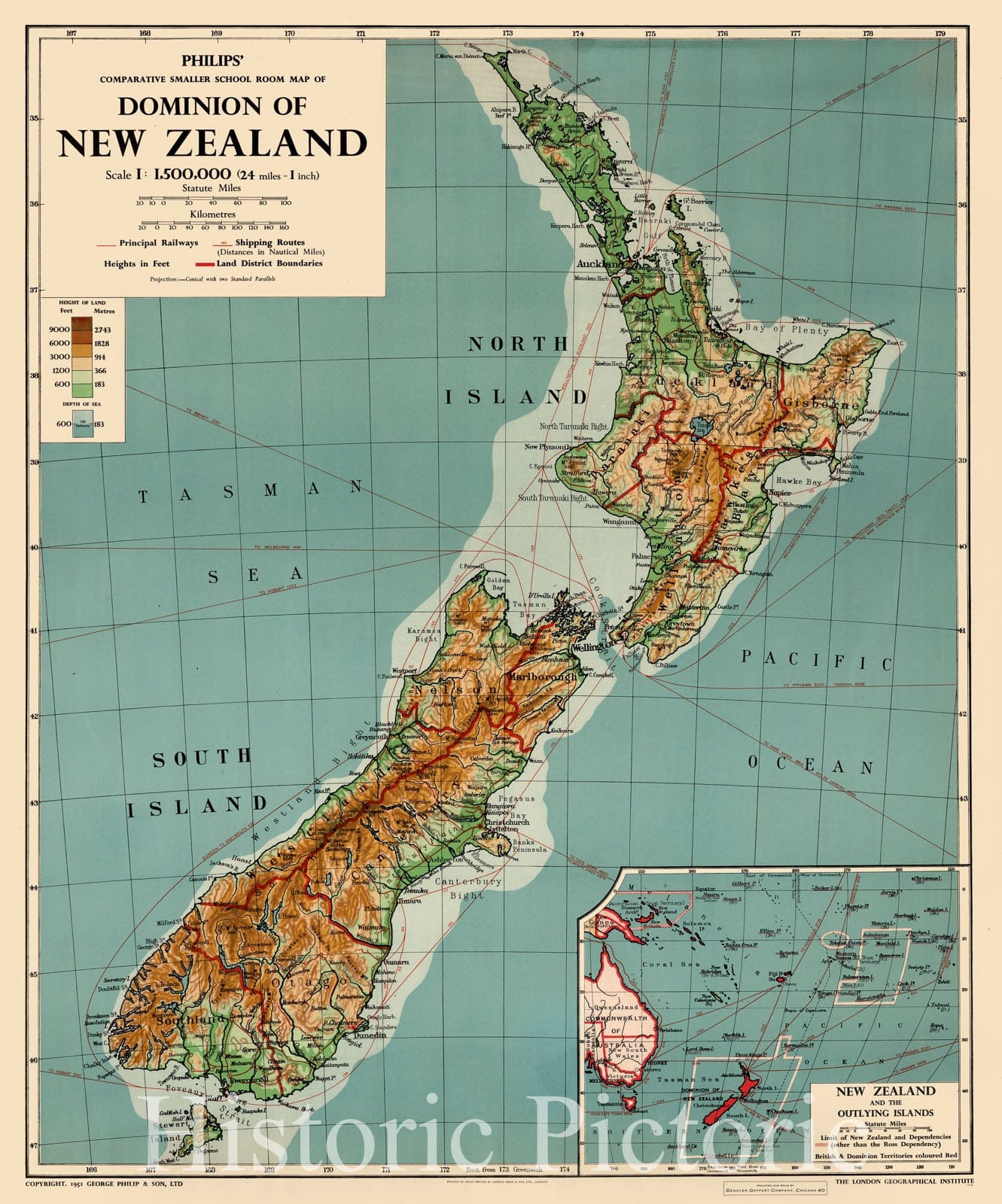 New Zealand - Boundary Map, 1951 - Historical Map Print