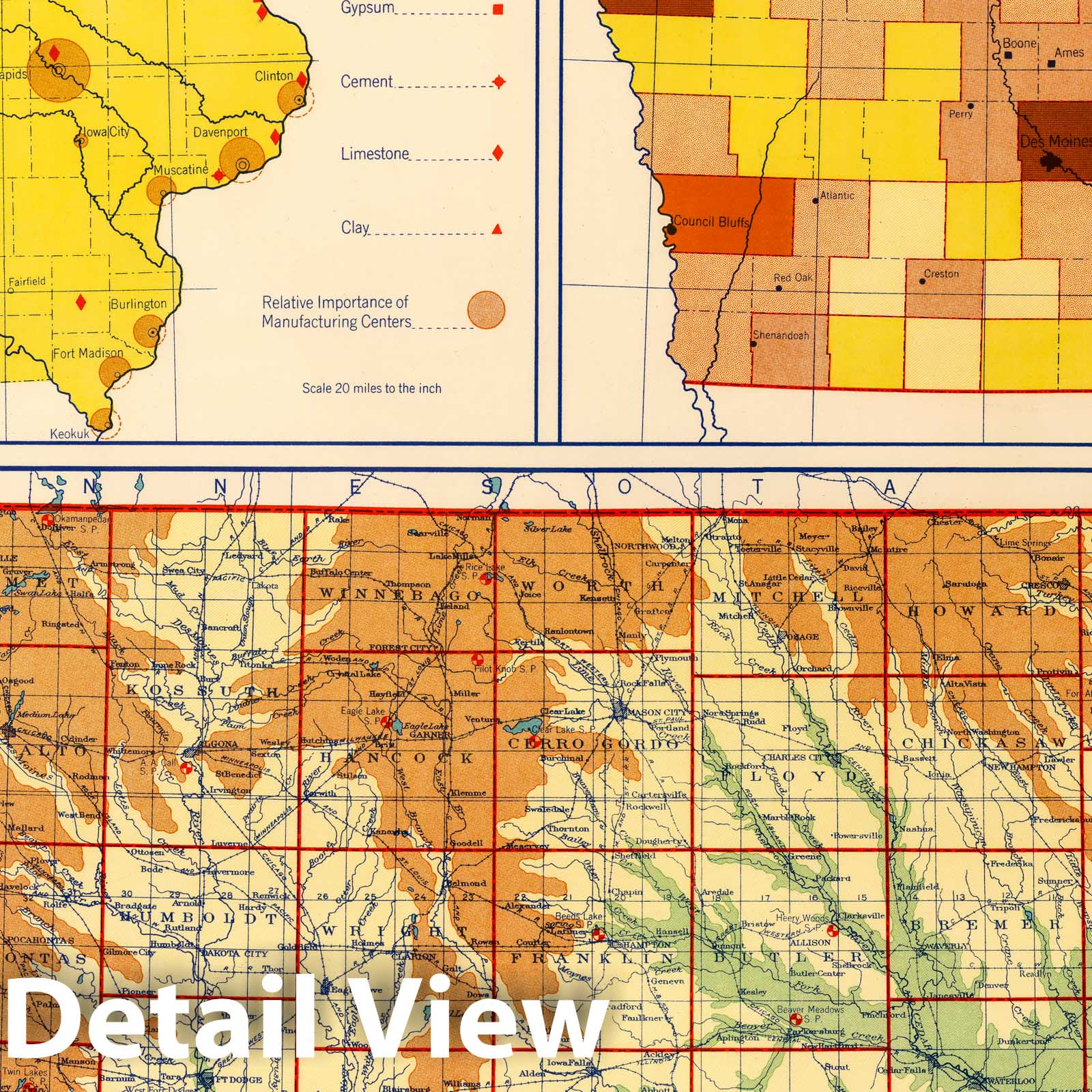 Iowa - Physical Map, 1940 - Historical Topographic Wall Map Print