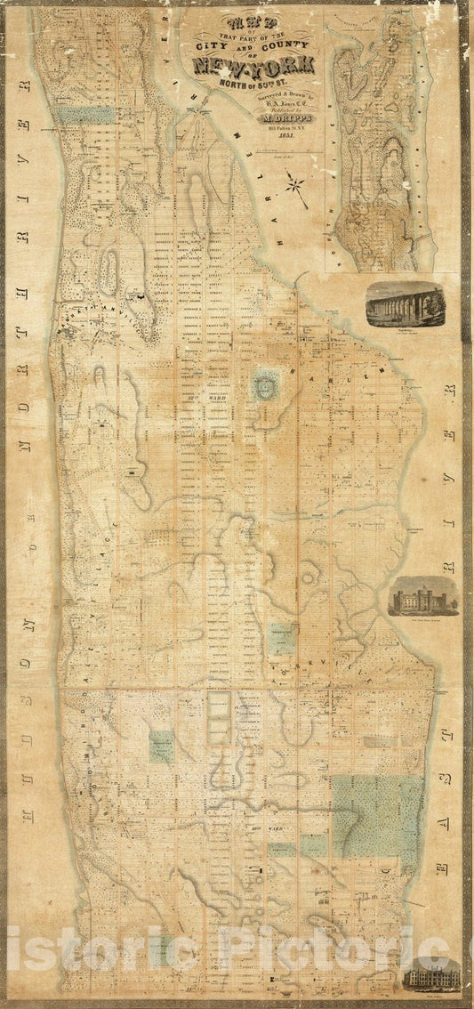 Historic Map : Wall Map, City And County of New - York North of 50th St. 1851 - Vintage Wall Art
