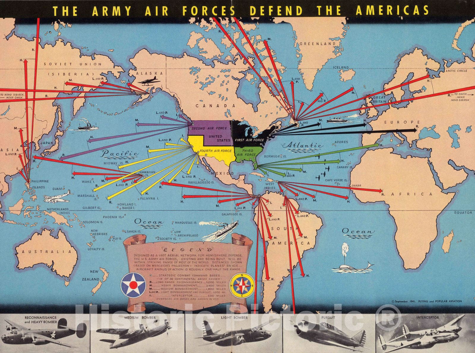 Historic Map : The Army Air Forces Defend the Americas. 1941 - Vintage Wall Art