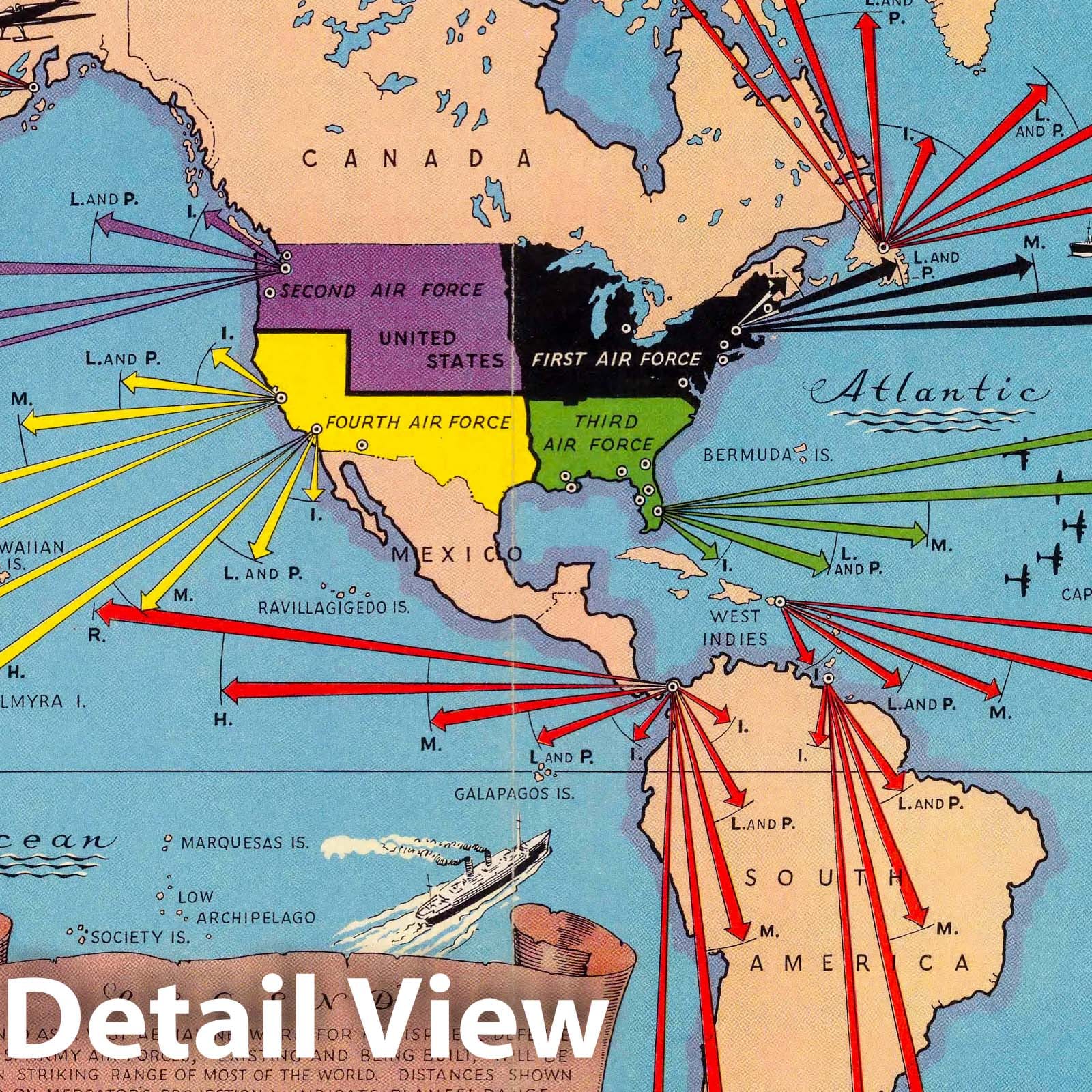 World - Pictorial Map, 1941 - Army Air Forces Defend the Americas