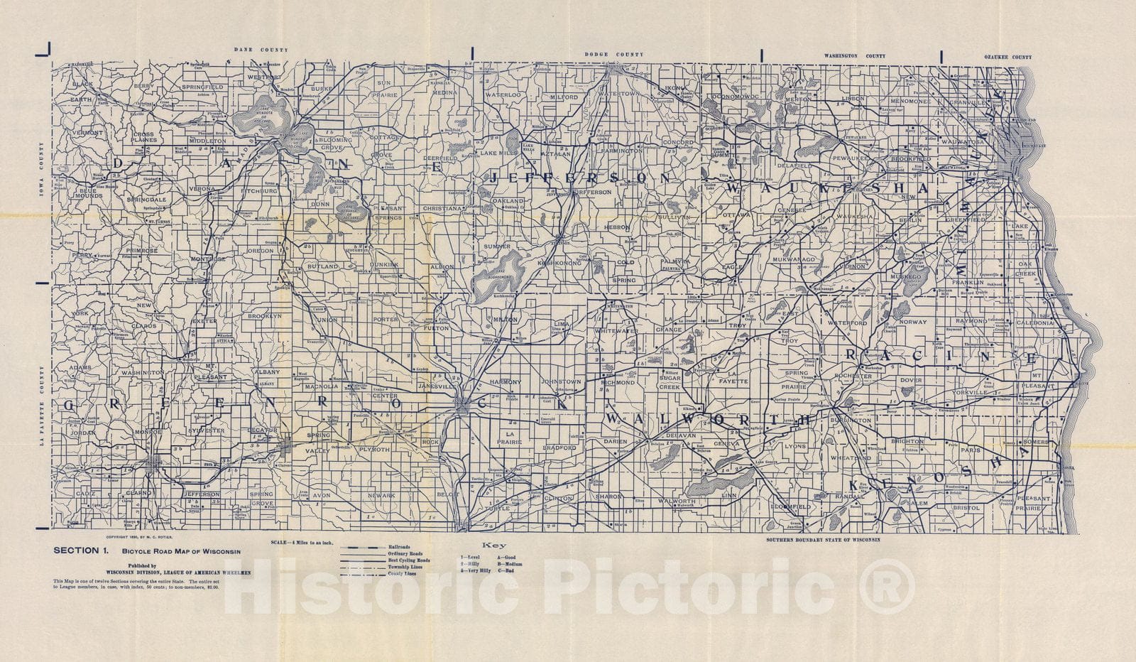 Historic Map : Section 1. Bicycle Road Map of Wisconsin, 1897 - Vintage Wall Art