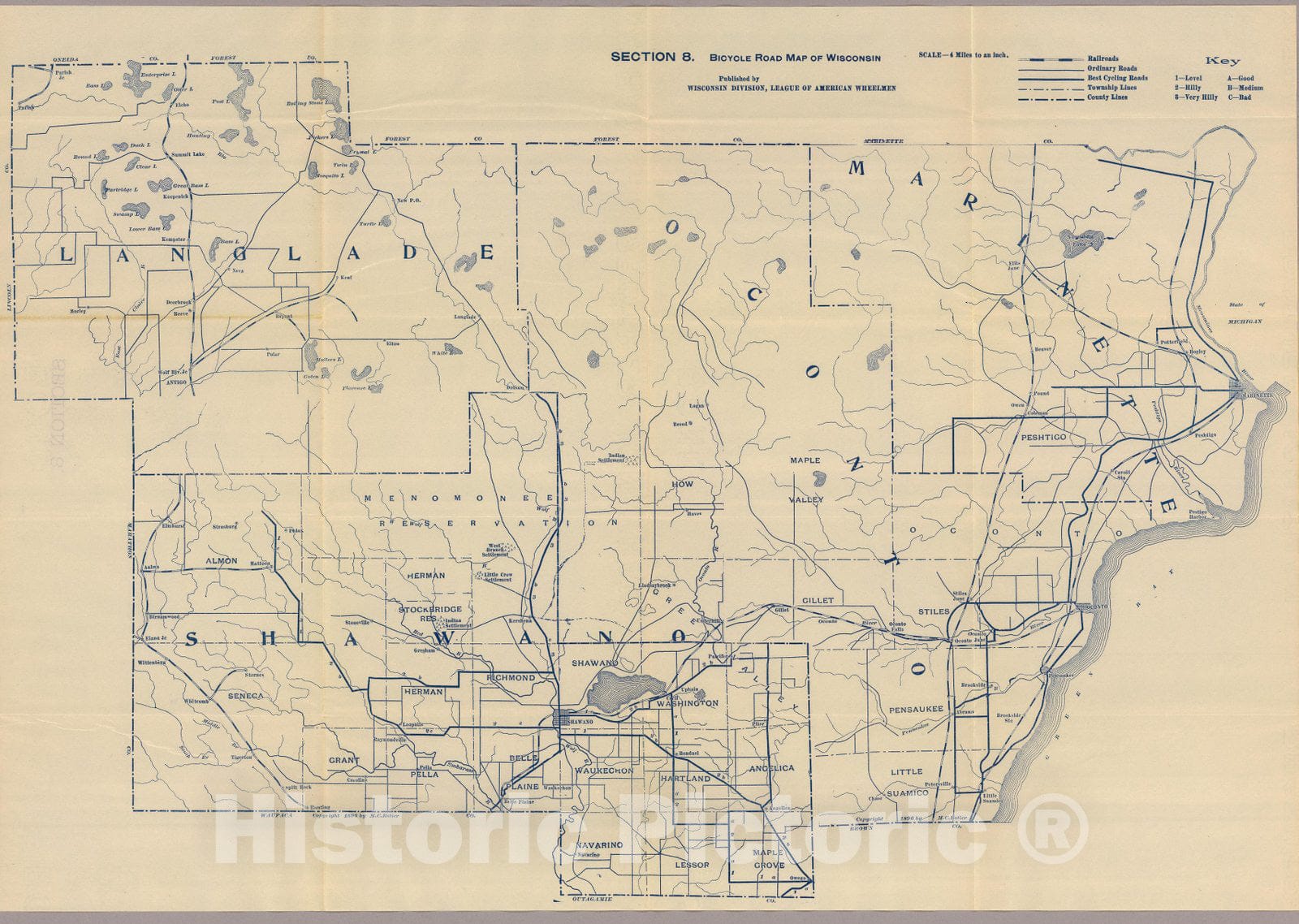 Historic Map : Section 8. Bicycle Road Map of Wisconsin, 1897 - Vintage Wall Art