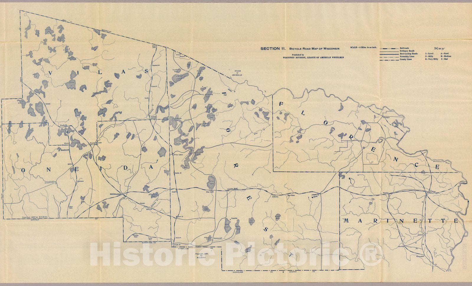 Historic Map : Section 11. Bicycle Road Map of Wisconsin, 1897 - Vintage Wall Art