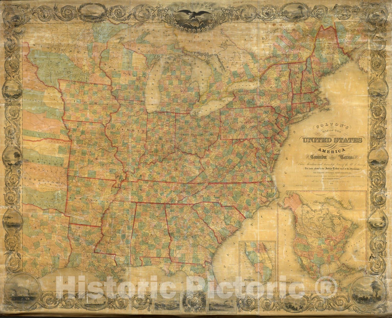 Historic Map : Wall Map, United States. 1854 - Vintage Wall Art