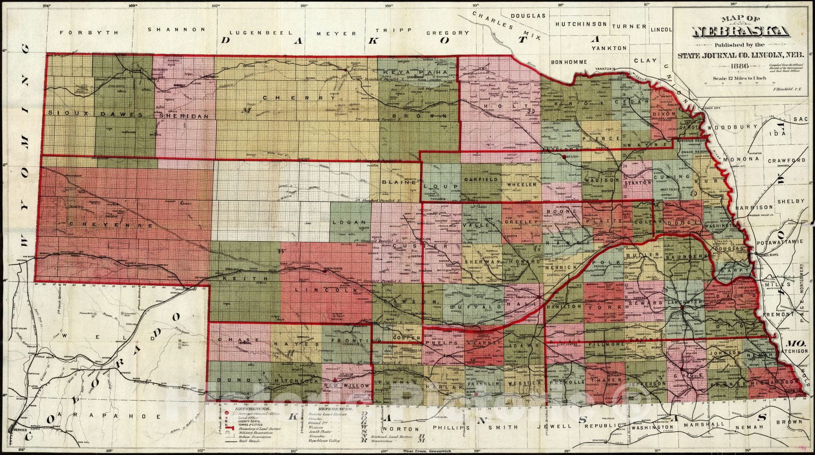 Nebraska - Railroad Map, 1886 - Historical Map Print