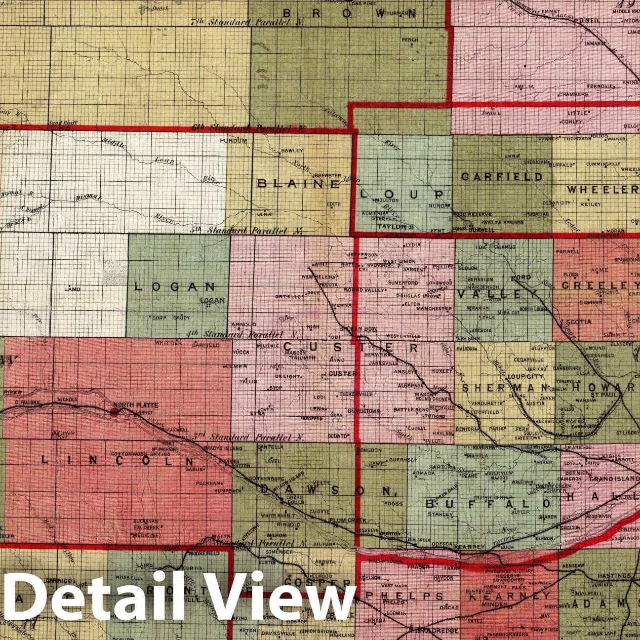 Nebraska - Railroad Map, 1886 - Historical Map Print