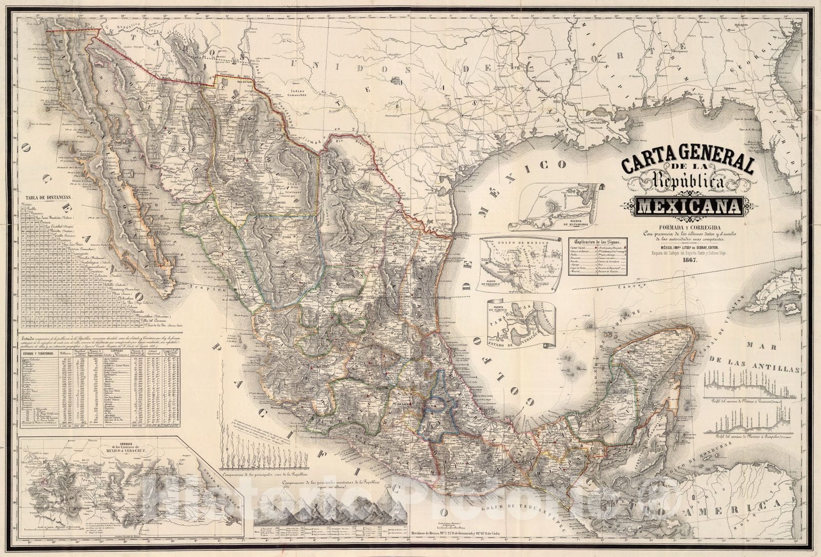 Historic Map : Mexico, Pocket Map, Republica Mexicana 1867 , Vintage Wall Art