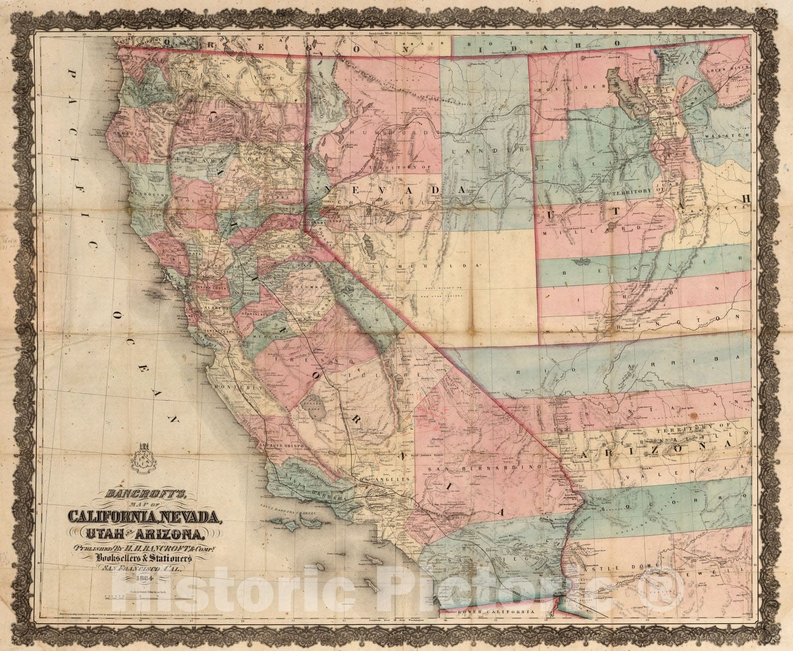 Historic Map : Pocket Map, California, Nevada, Utah And Arizona 1864 - Vintage Wall Art