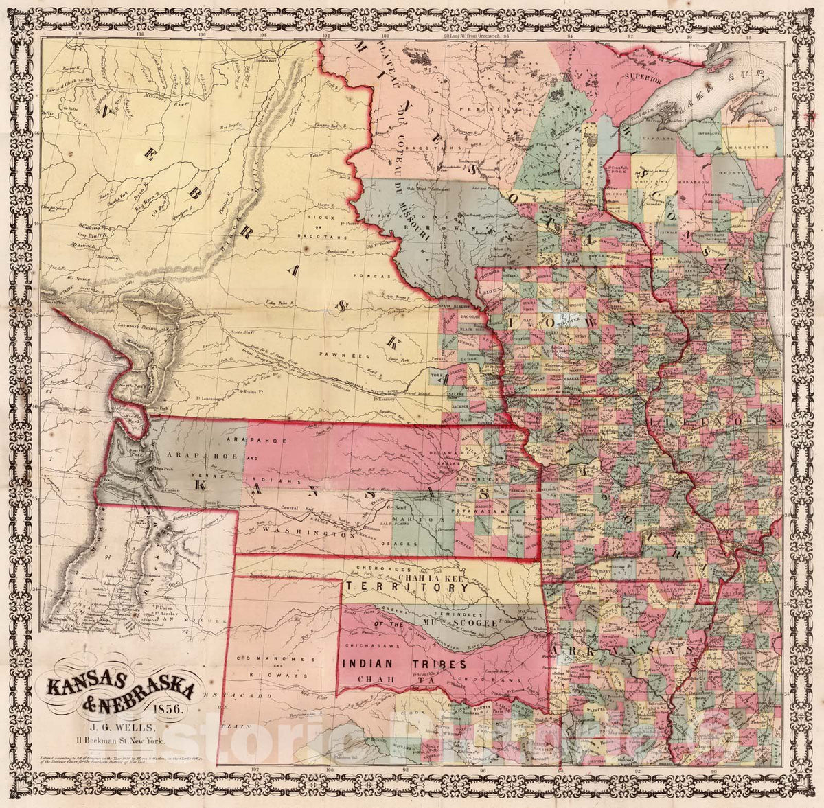 Historic Map : Pocket Map, Kansas & Nebraska. 1856 - Vintage Wall Art