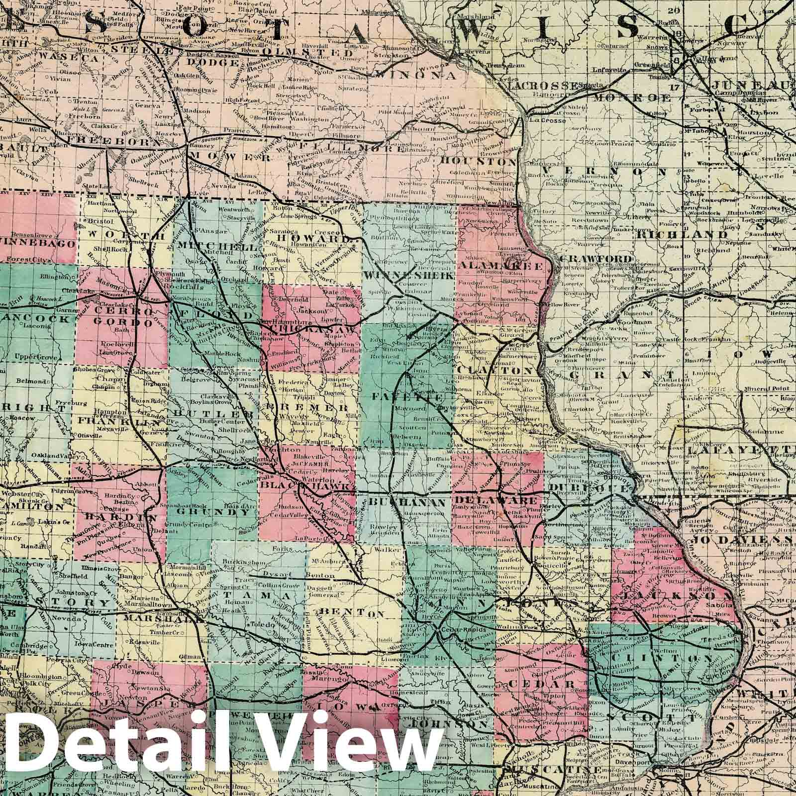 Iowa 1876 Historical Map Print - Blanchard's Guide Map