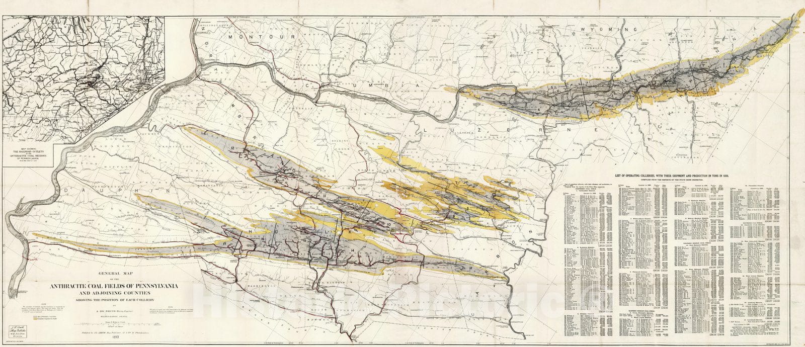 Historic Map : Composite: General Map of The Anthracite Coal Fields of Pennsylvania And Adjoining Counties, 1899 - Vintage Wall Art