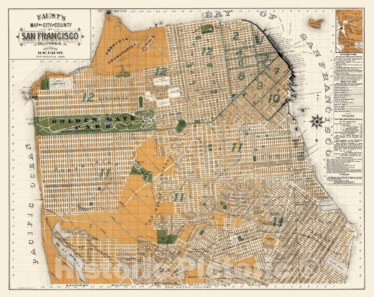 Historic Map : Pocket Map, City And County of San Francisco California 1894 - Vintage Wall Art