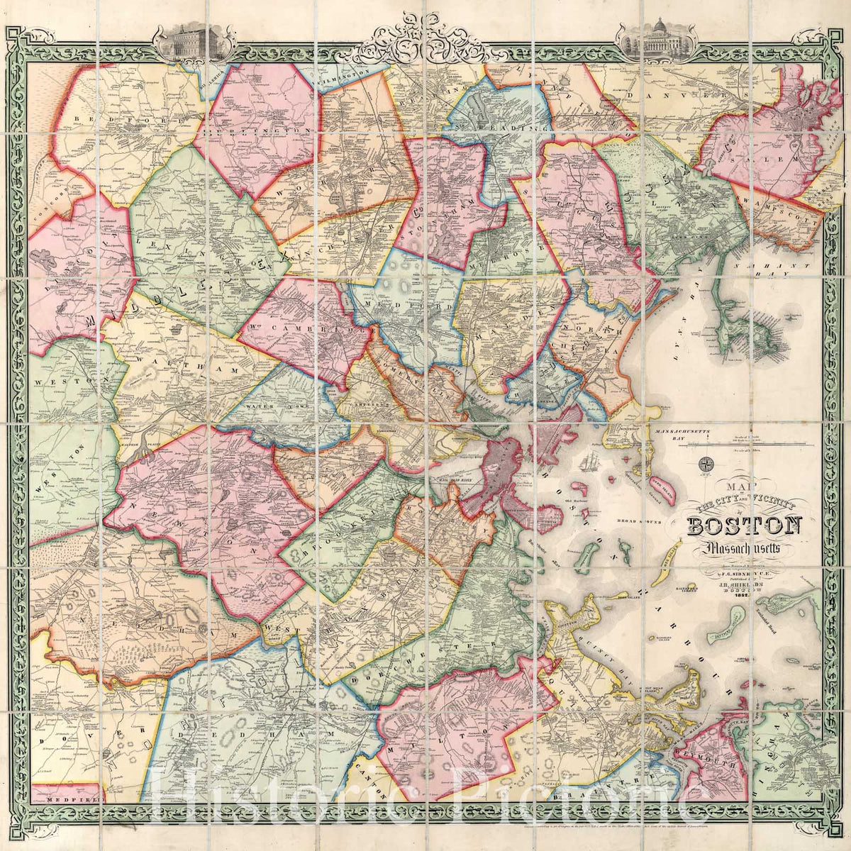 Boston and Vicinity, Massachusetts 1852 Historical Map Print