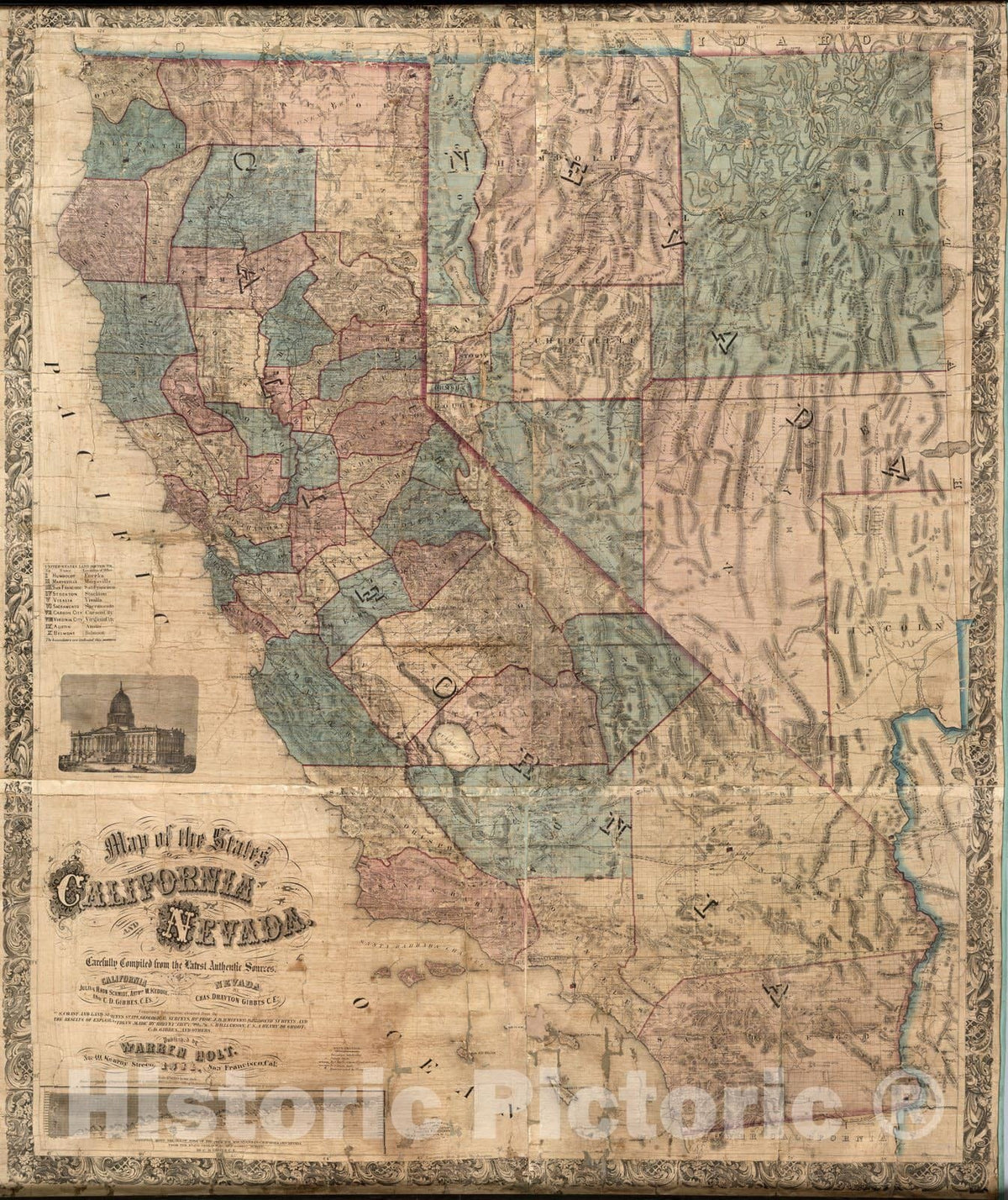 Historic Map : Wall Map, California and Nevada. 1876 - Vintage Wall Art