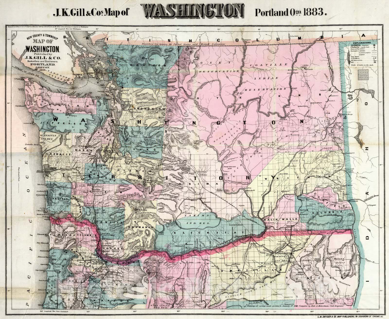 Washington - Railroad Map, 1883 - Hand-Colored Historical Map Print