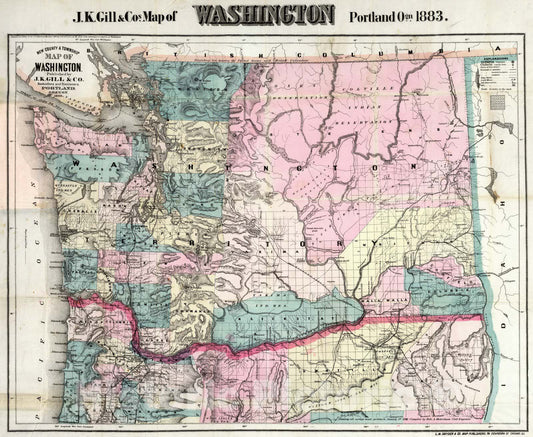 Washington - Railroad Map, 1883 - Hand-Colored Historical Map Print