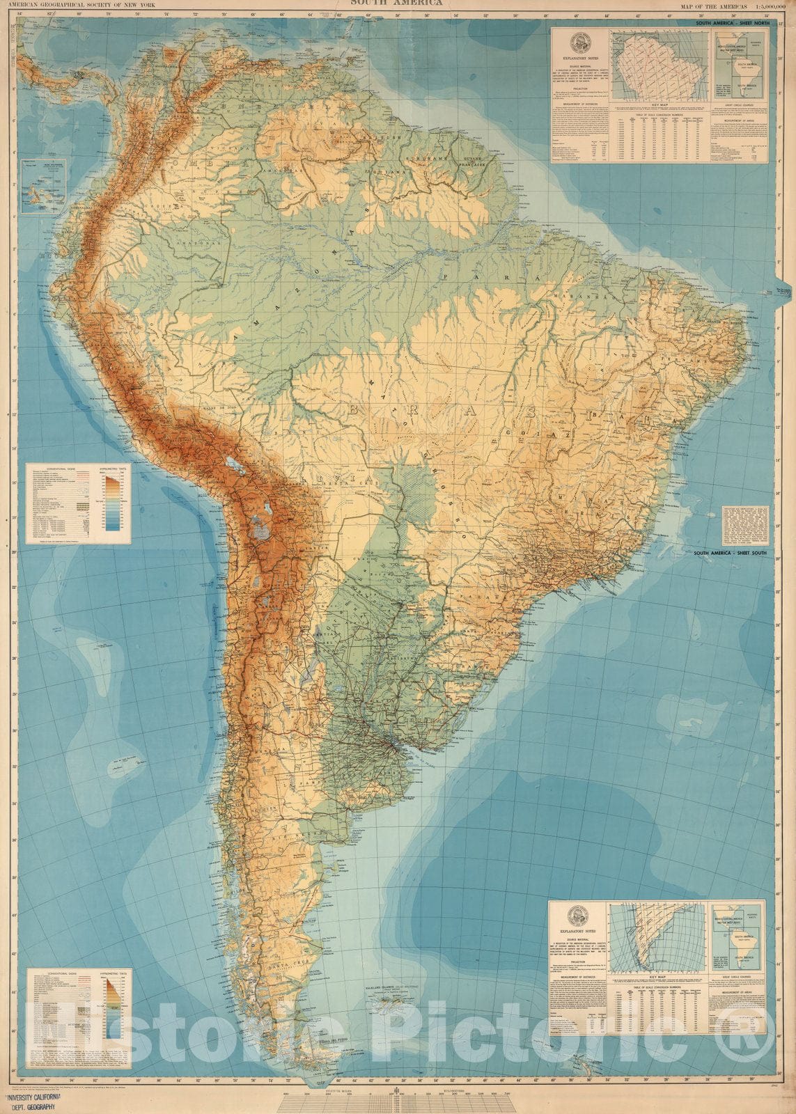 South America - Physical Map, 1942 - Historical Topographic Wall Map Print