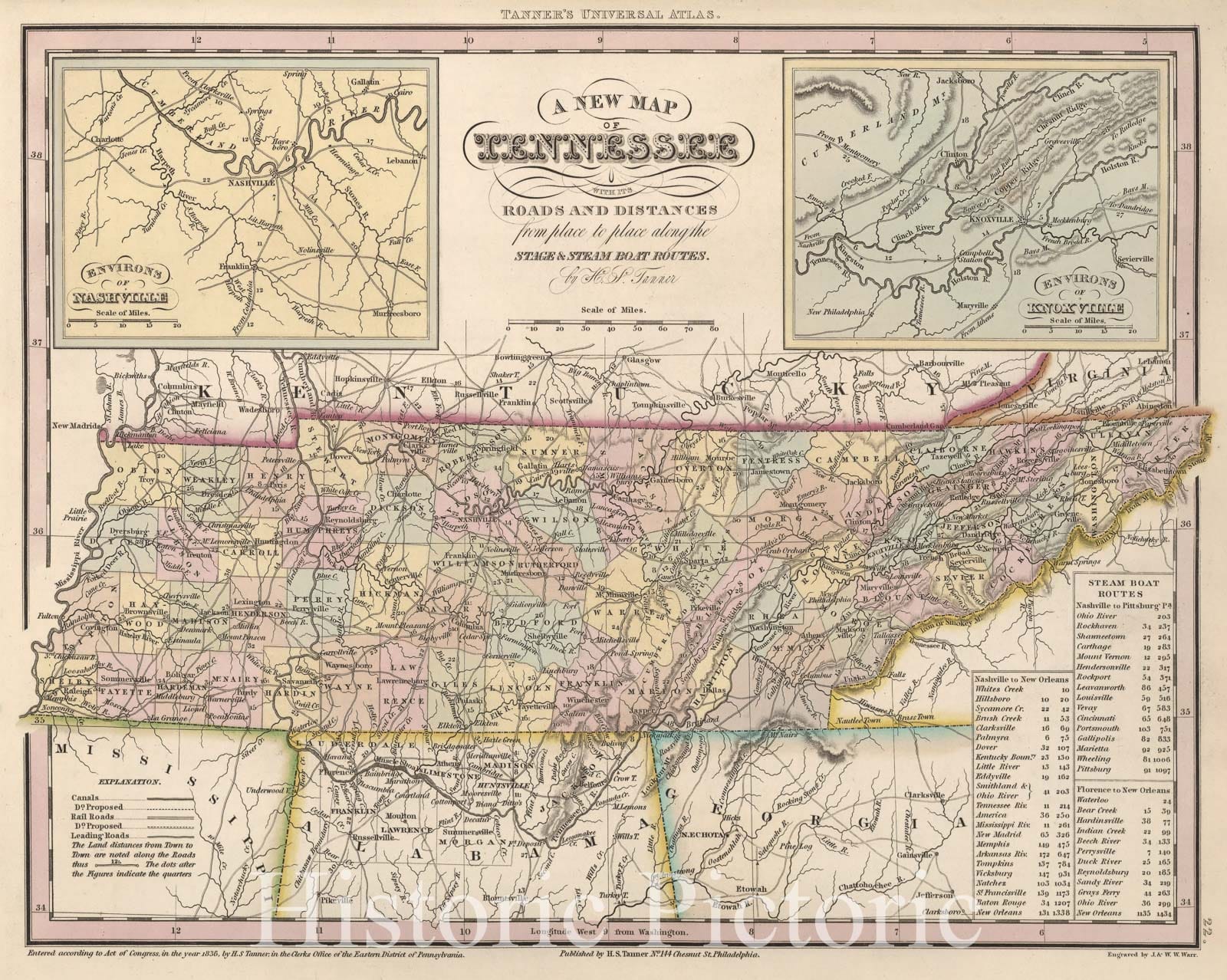 Historic Wall Map : A New Map of Tennessee with Its Roads & Distances by H.S. Tanner. (insets) Environs of Nashvil, 1836Vintage Wall Art