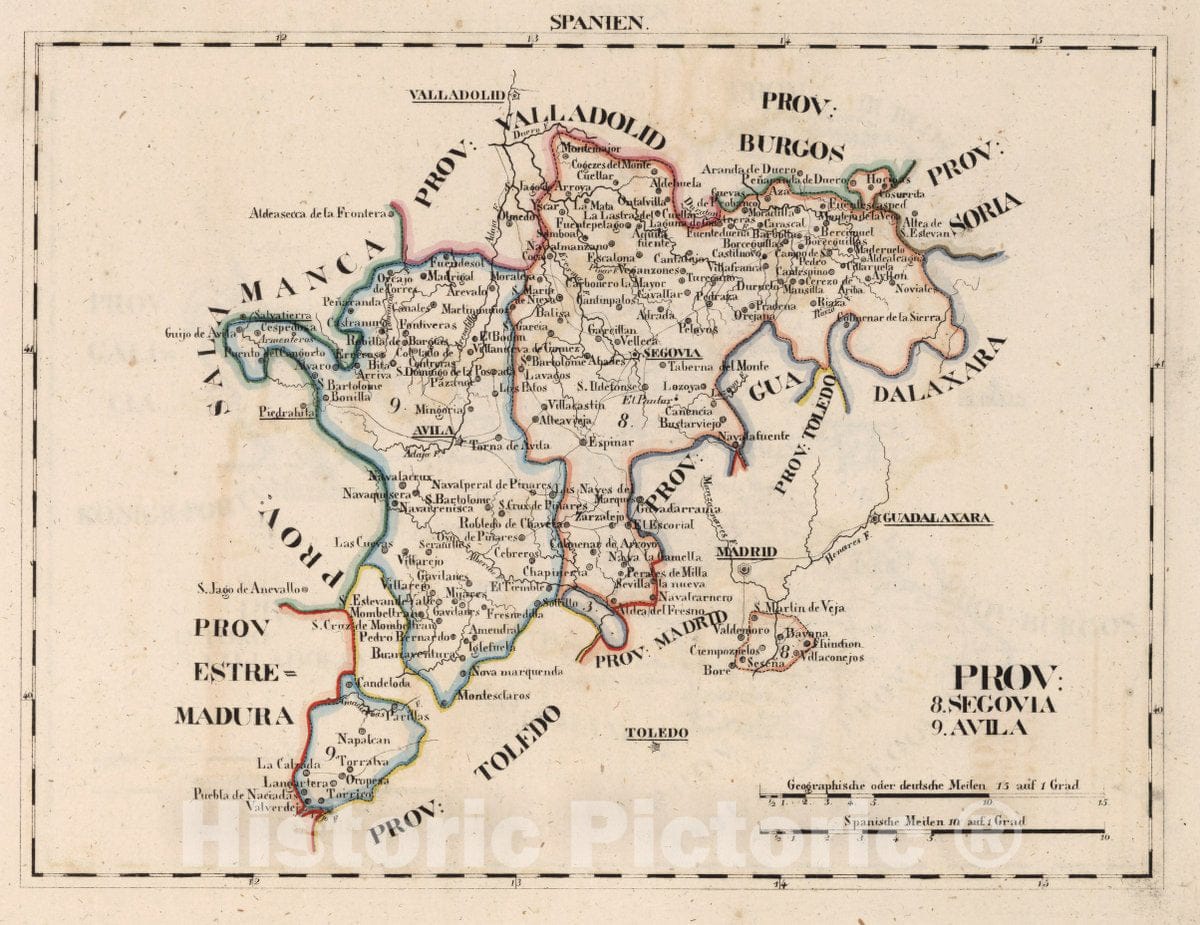 Historic Wall Map : Spain, V.1:1-5: IV: Spanien. Prov: 8. Segovia. 9. Avila, 1825 Atlas , Vintage Wall Art