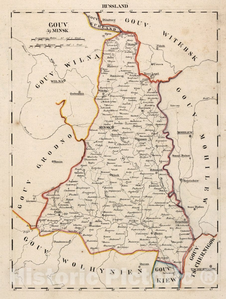 Historic Map : Russia, V.3:11-15:XIII. Russland. Gouv: 39. Minsk, 1829 Atlas , Vintage Wall Art