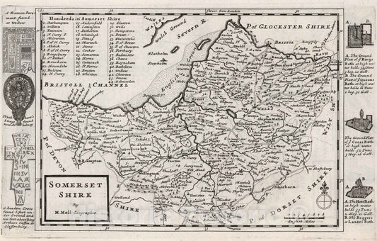 Historic Map : 1724 National Atlas - Sumerset Shire. by H.Moll Geographer - Vintage Wall Art