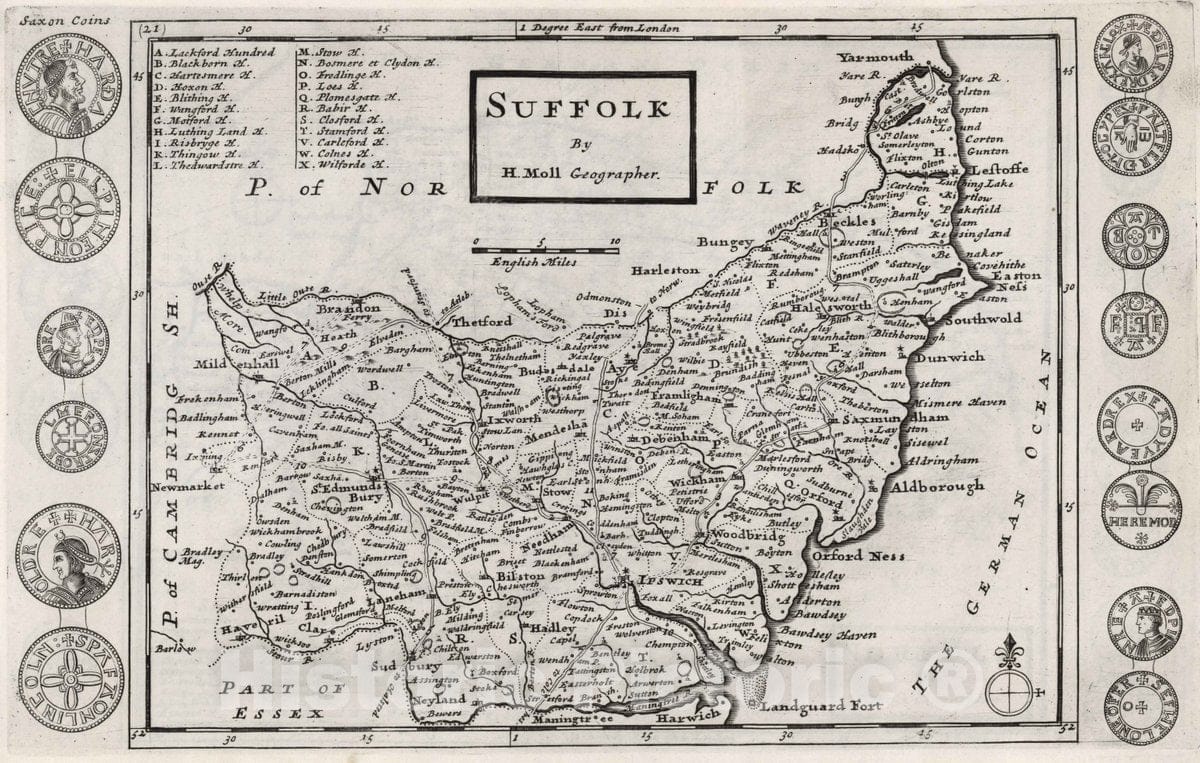 Historic Map : 1724 National Atlas - Suffolk. by H. Moll Geographer - Vintage Wall Art