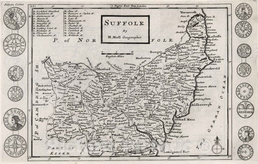 Historic Map : 1724 National Atlas - Suffolk. by H. Moll Geographer - Vintage Wall Art