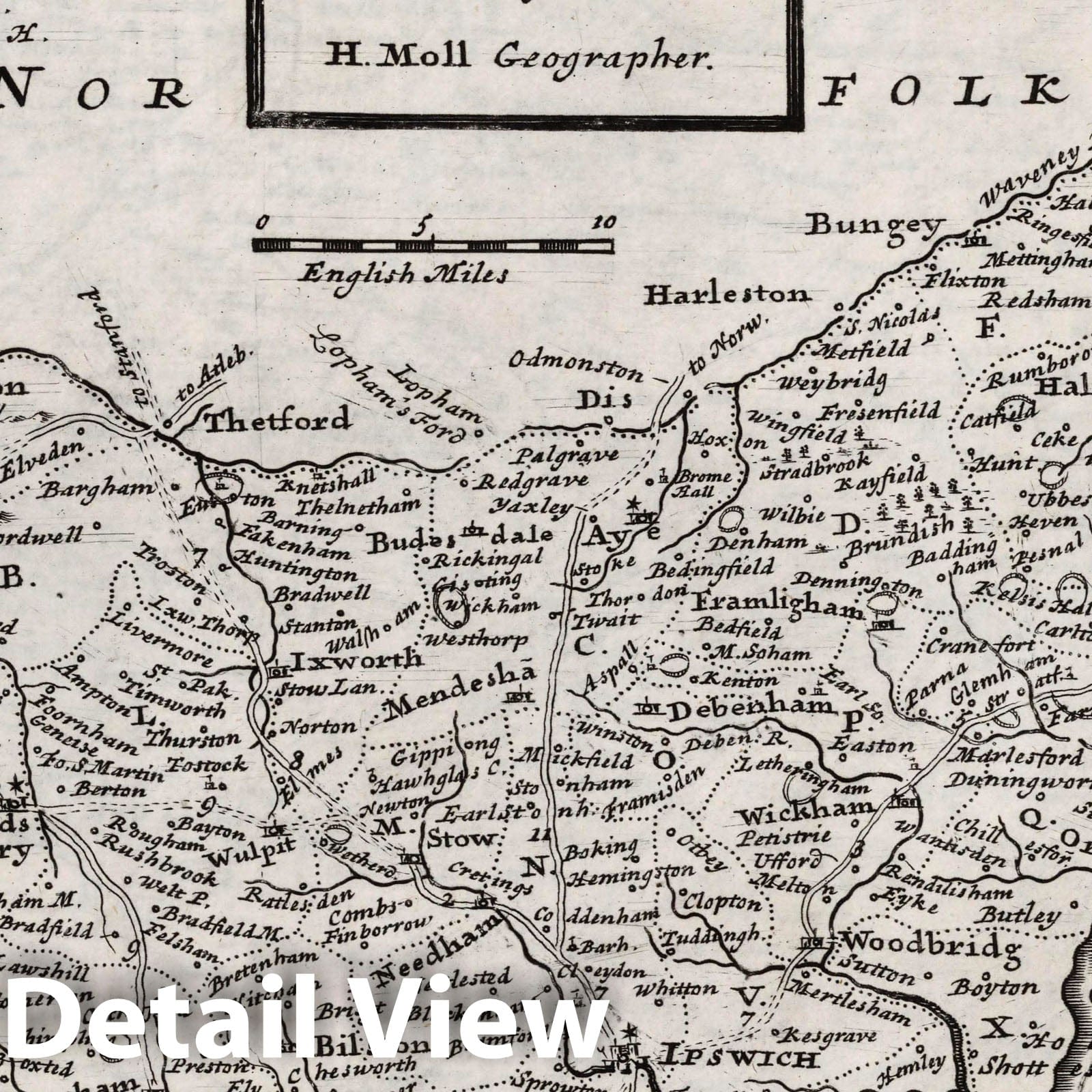 Suffolk, England - Road Map, 1724 by Herman Moll - Historical Map Print