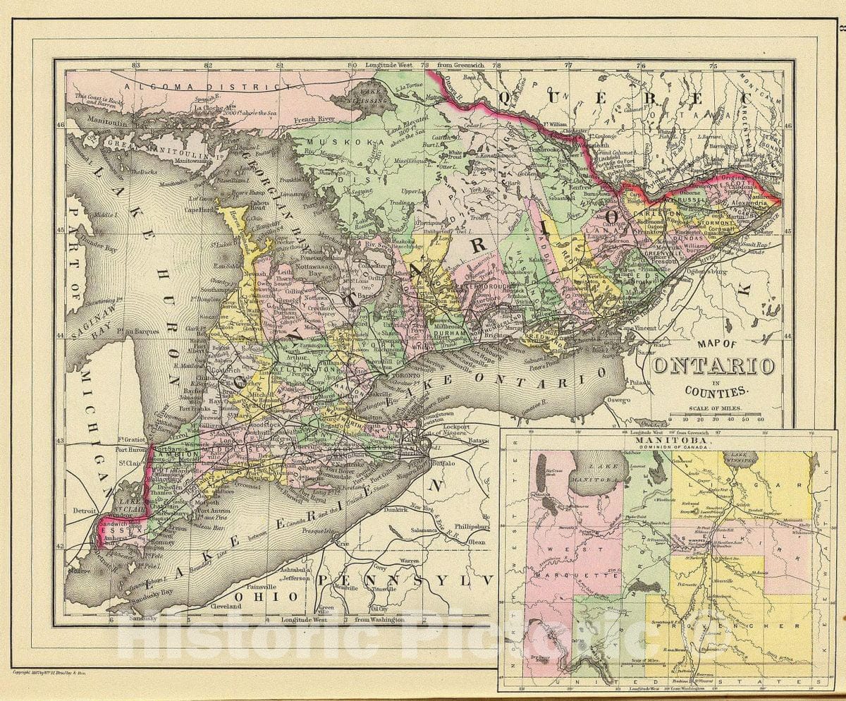 Historic Map : Map of Ontario in Counties. (with) Manitoba, Dominion of Canada. Copyright 1887 by Wm. M. Bradley & Bro. (1890), 1890 Atlas - Vintage Wall Art