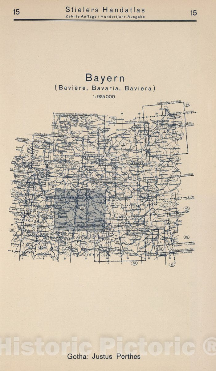 Historic Map : 1925 Index Map: 15. Bayern. Bavaria. - Vintage Wall Art