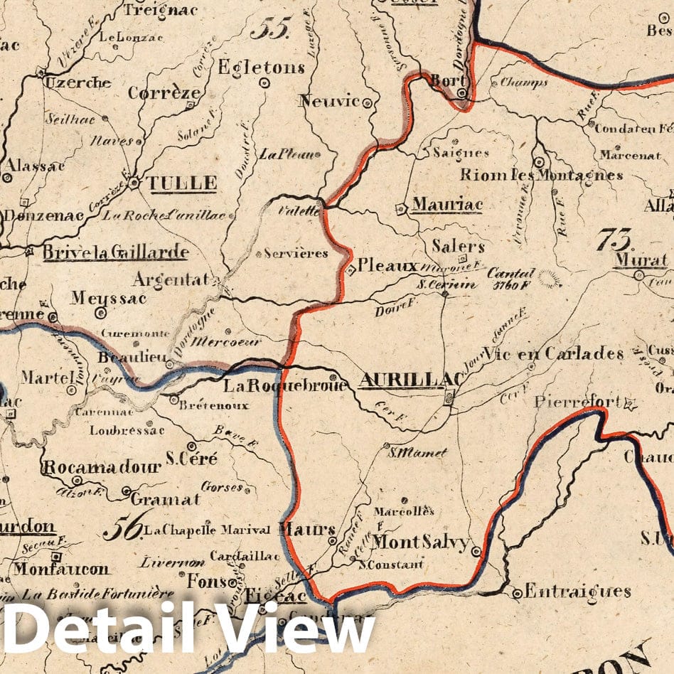Correze, Lot, and Cantal Departments, France - Road Map, 1825