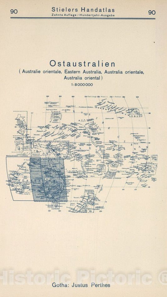 Historic Map : 1925 Index Map: 90. Ostaustralien. Eastern Australia. - Vintage Wall Art