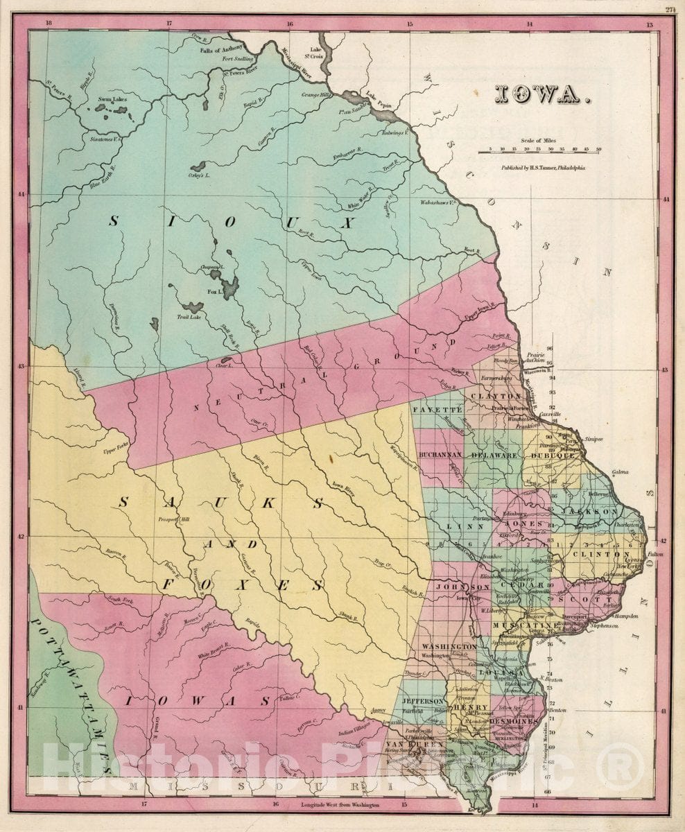 Iowa, 1842 - Historical Map Print from Tanner's Universal Atlas
