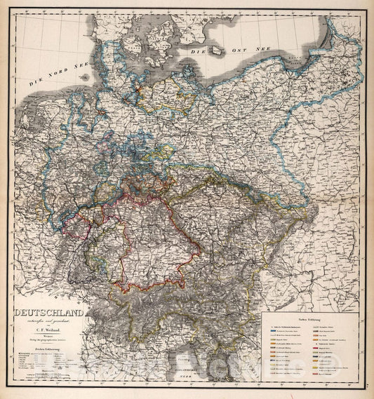 Historic Map : Germany, Deutschland. Entworfen und gezeichnet von C.F. Weiland. Verlag des Geographischen Instituts. Hand -Der Erde Und Des Himmels, 1866 , Vintage Wall Art