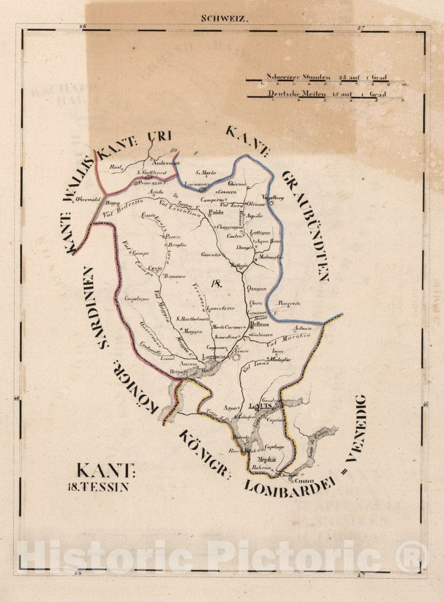 Historic Map : Switzerland, V.1:1-5: III: Schweiz. Kant: 18. Tessin, 1825 Atlas , Vintage Wall Art
