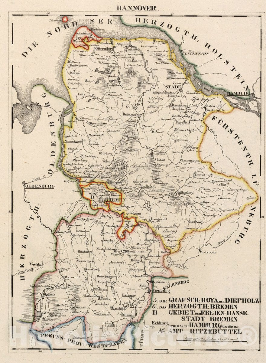 Historic Map : Germany, V. 2:6-10: VII: II. Hannover. 5. Der Grafsch: Hoya und Diepholz. 6. Das Herzogth: Bremen, 1825 Atlas , Vintage Wall Art