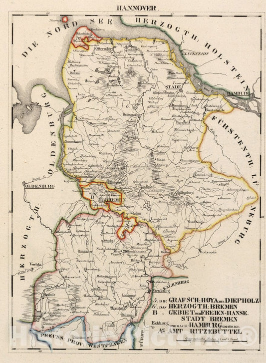Hanover, Hoya, Diepholz, Bremen, and Hamburg, Germany, 1825 – Historical Map Print