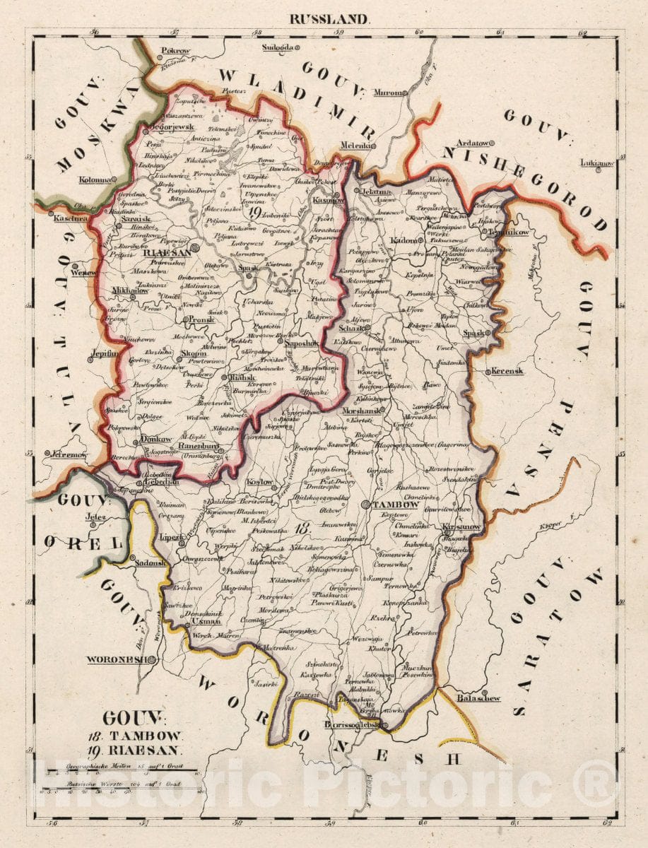 Historic Map : Russia, V.3:11-15:XIII. Russland. Gouv: 18. Tambow. 19. Riaesan, 1829 Atlas , Vintage Wall Art