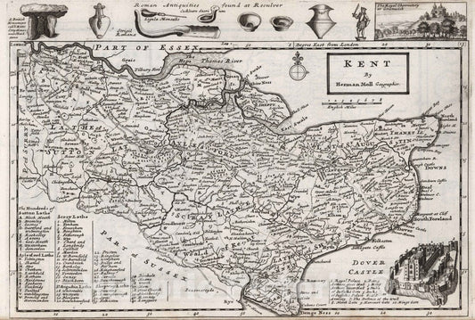 Historic Map : Kent. by Herman Moll Geographer, 1724 Atlas - Vintage Wall Art
