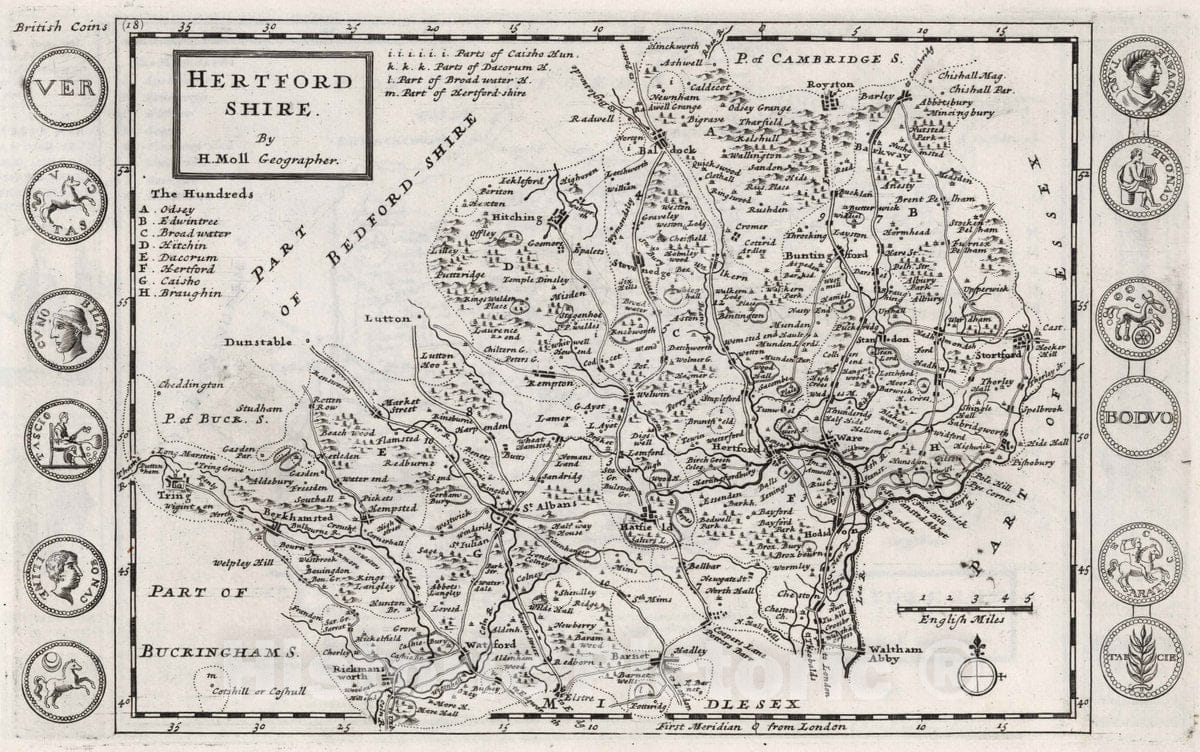 Historic Wall Map : 1724 National Atlas - Hertford Shire. by H. Moll Geographer - Vintage Wall Art