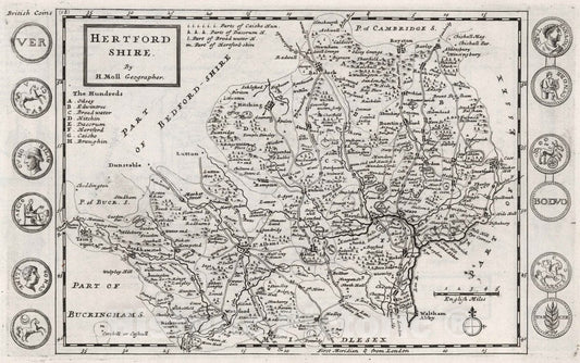 Historic Wall Map : 1724 National Atlas - Hertford Shire. by H. Moll Geographer - Vintage Wall Art