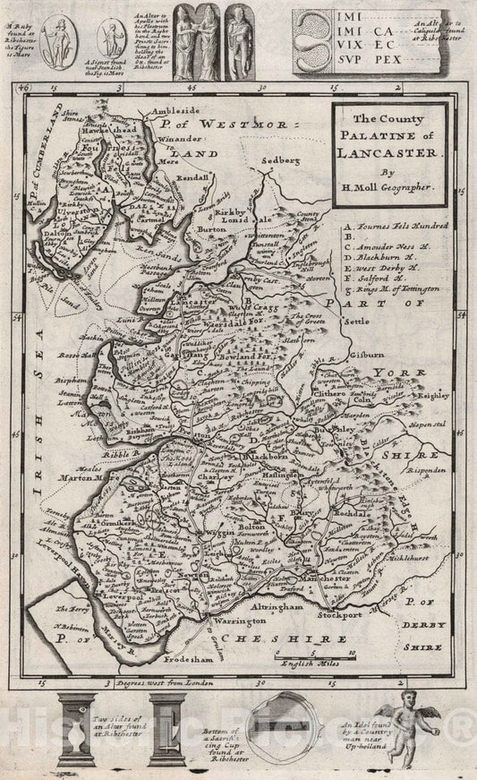 Historic Map : 1724 National Atlas - The County Palatine of Lancaster. by H. Moll Geographer - Vintage Wall Art