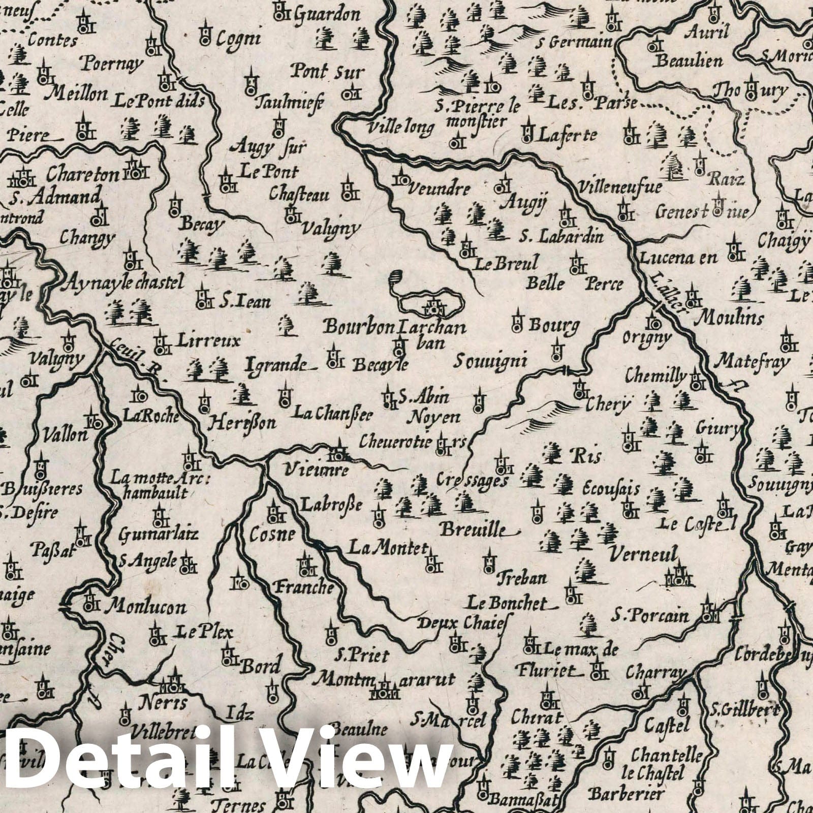 Bourbonnais, France - River Map, 1636 - Historical Map Print