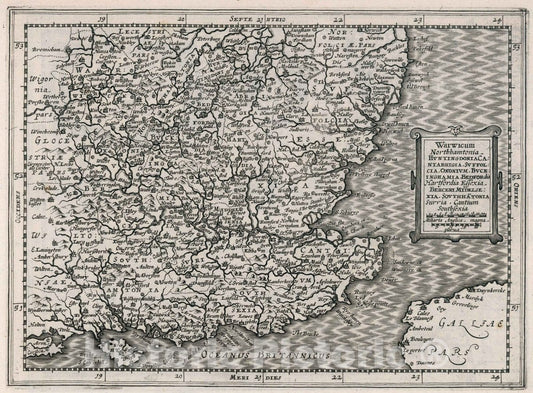 Historic Map : Warwicum, Northhamtonia, Huntingdonia, Cantabrigia, Suffolcia, Oxonium, Buckinghamia, 1595, Gerhard Mercator, Vintage Wall Art