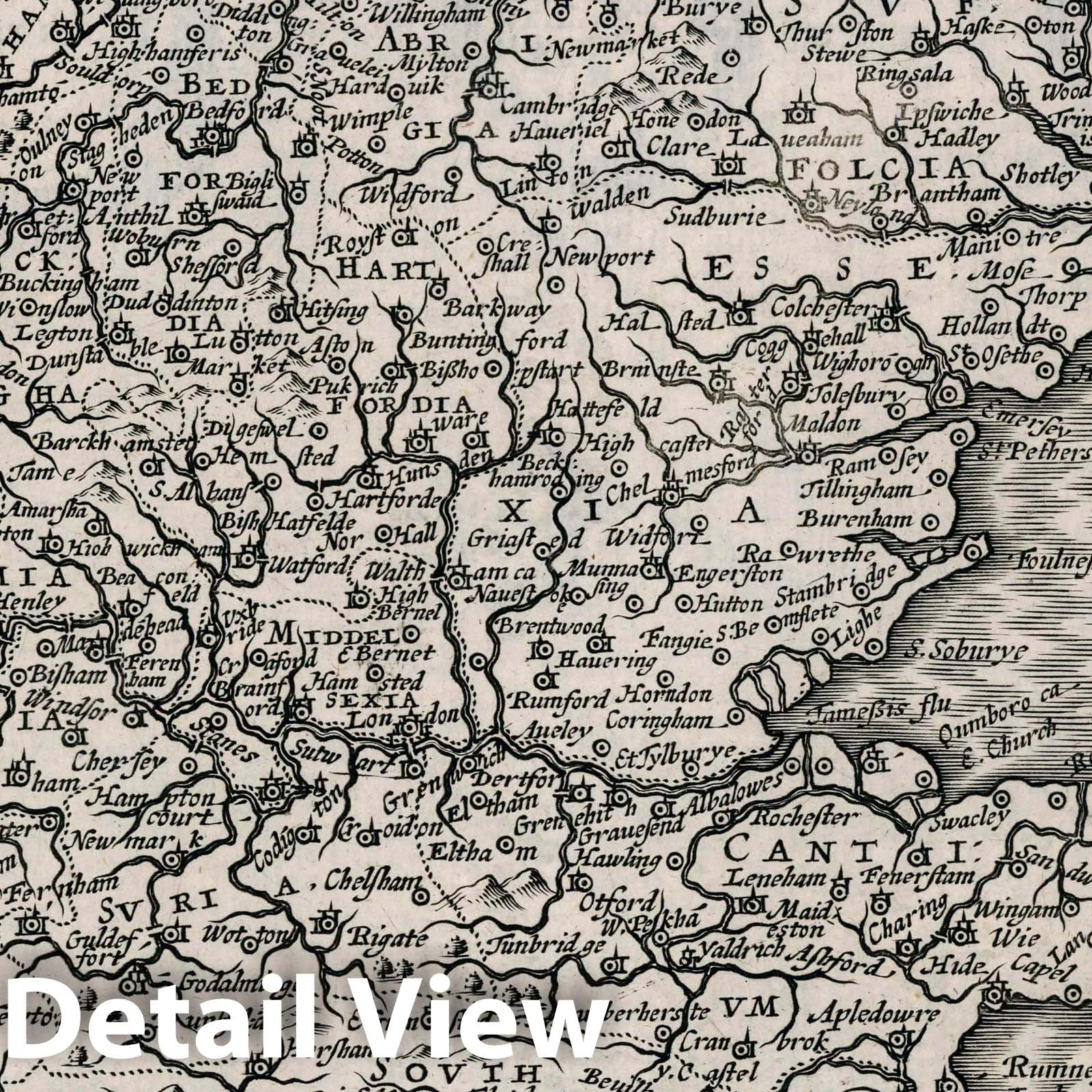 English Counties: Warwickshire, Northamptonshire, Cambridgeshire, Suffolk & More - 1636 Historical Map Print