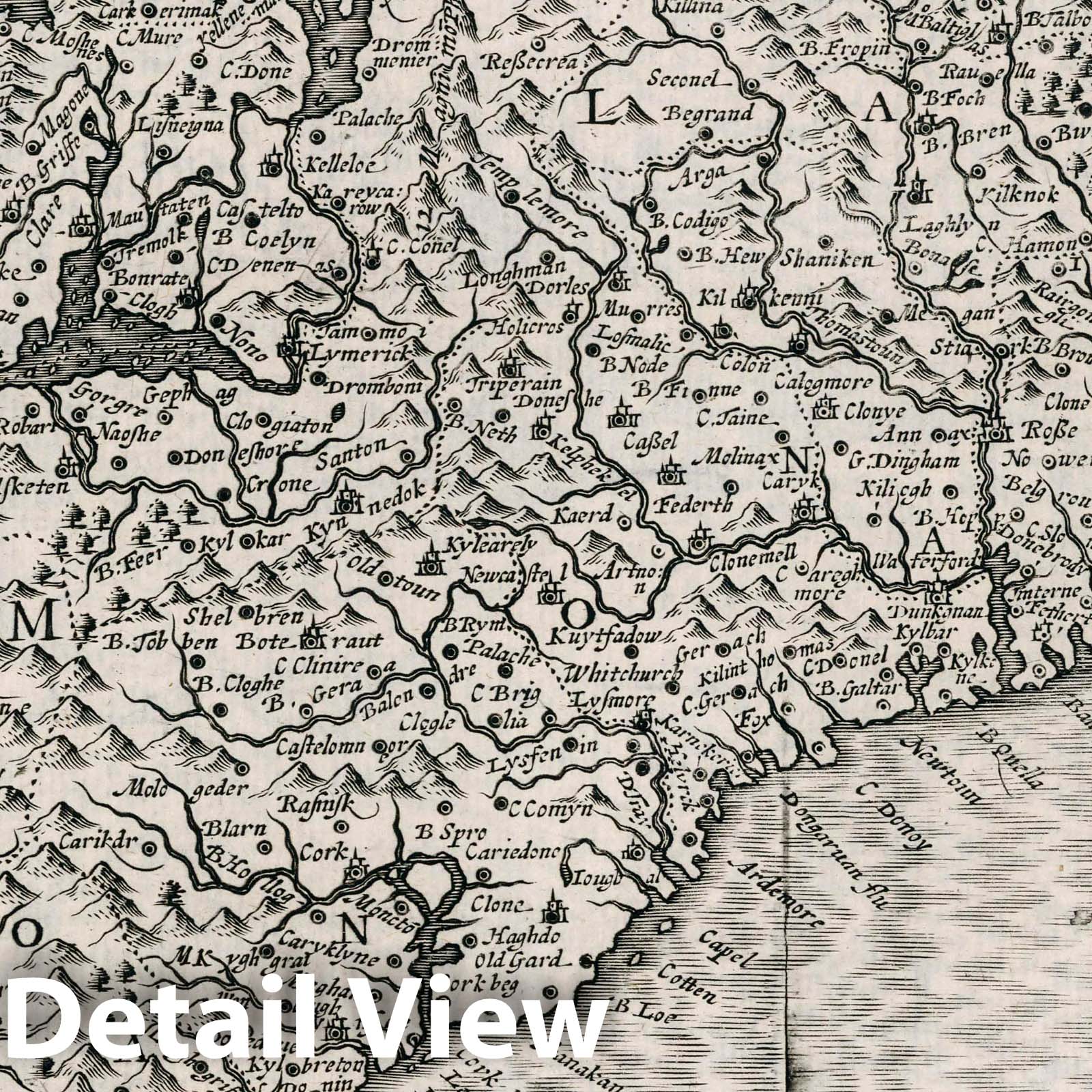 Ireland - Southern Part, 1636 Historical Map Print