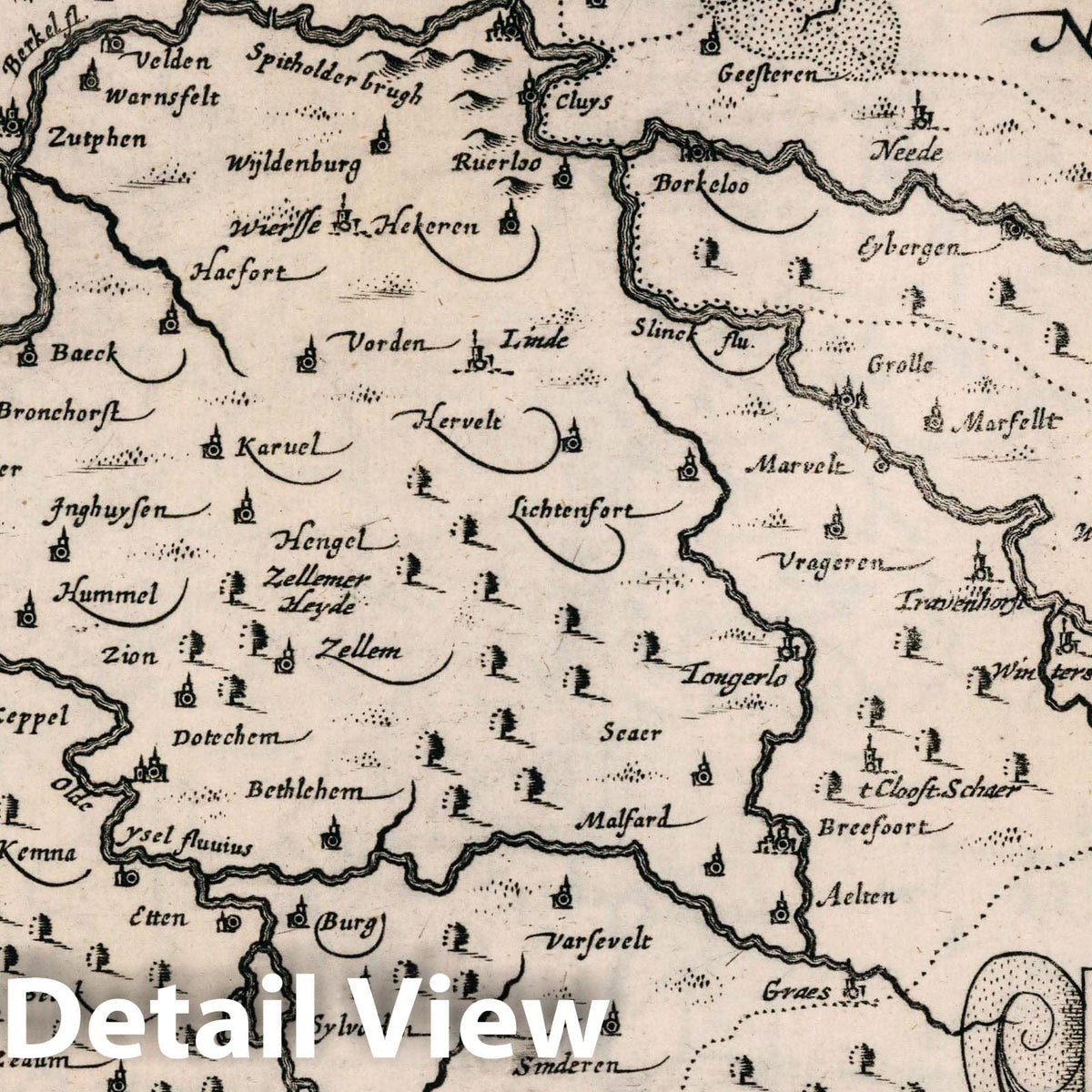 Zutphania - River Map, 1636 - Historical Map Reproduction